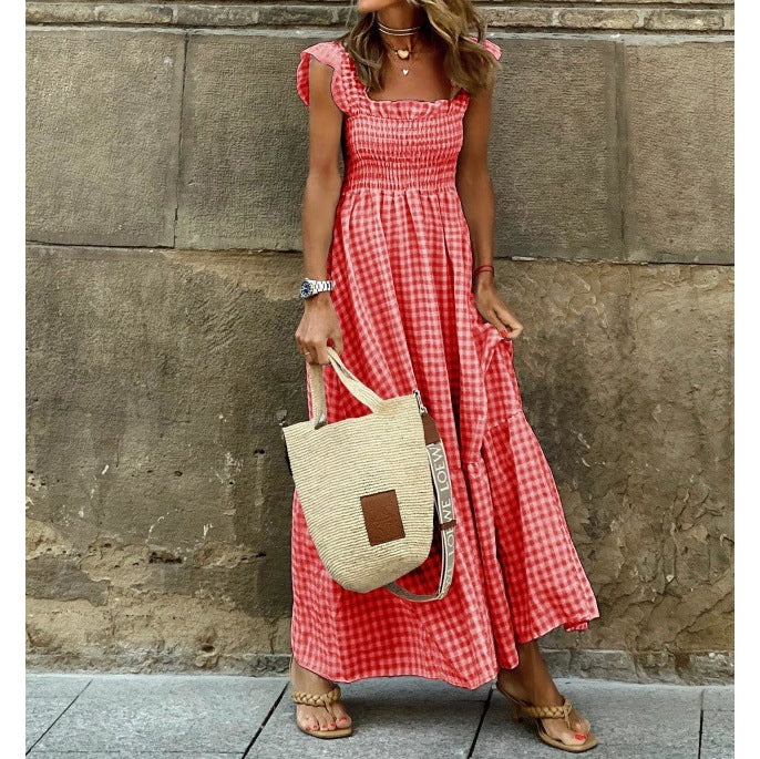 Chic Women's Patchwork Plaid Strap Dress with Elastic Waist and Flared Silhouette