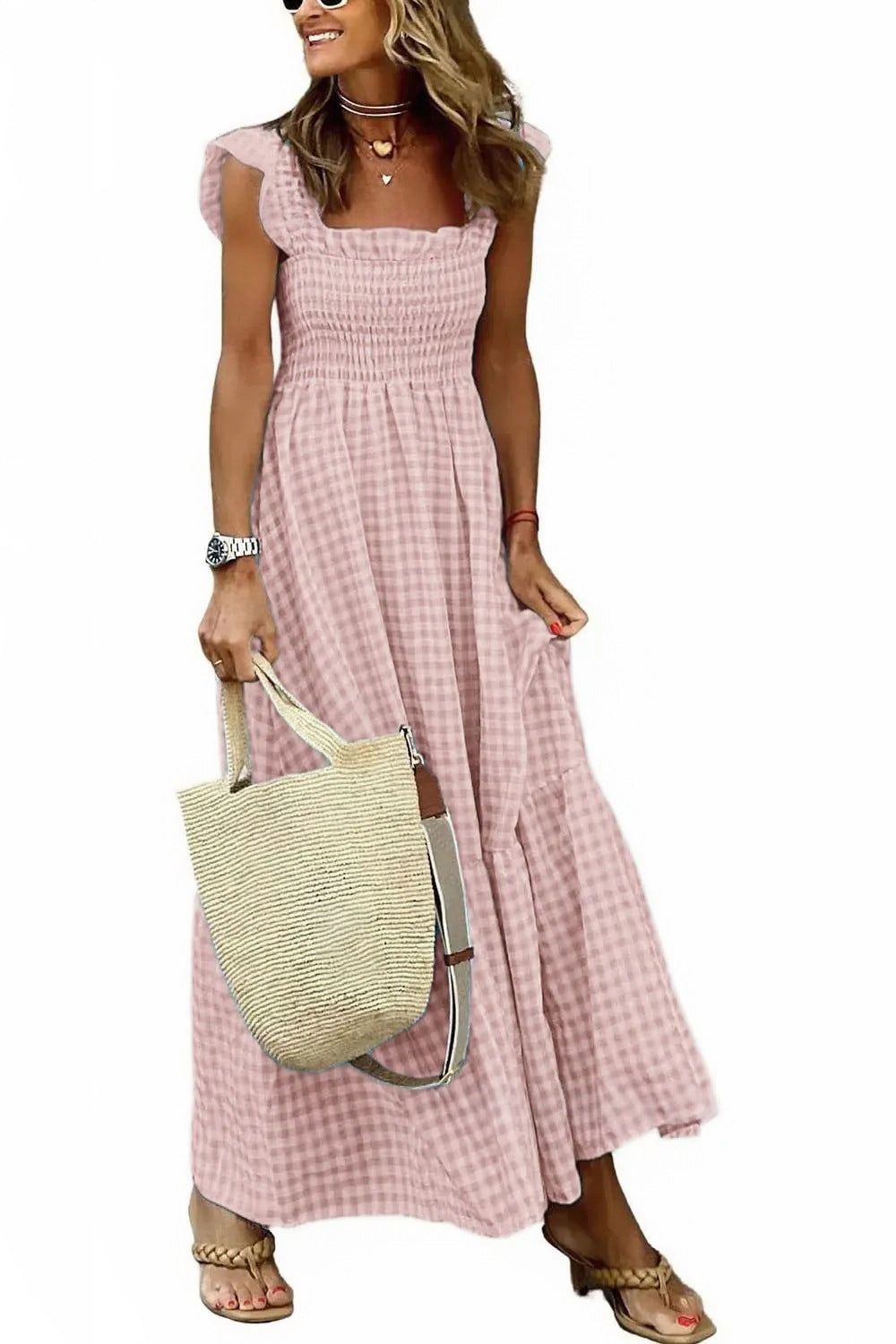 Chic Women's Patchwork Plaid Strap Dress with Elastic Waist and Flared Silhouette