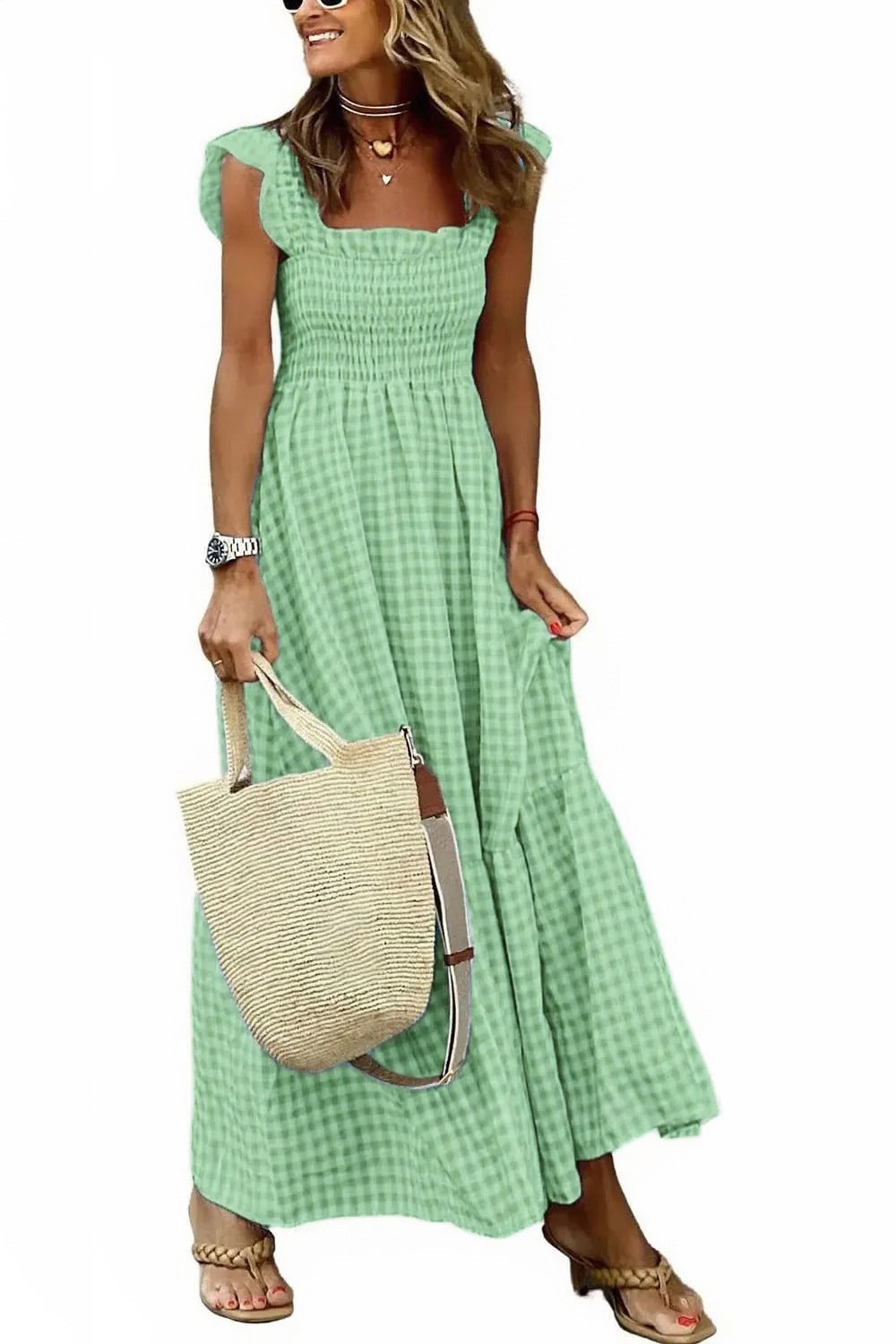Chic Women's Patchwork Plaid Strap Dress with Elastic Waist and Flared Silhouette